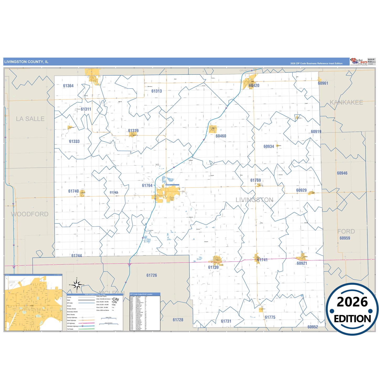 Livingston County, IL Business Reference 5 Digit ZIP Code Wall Map