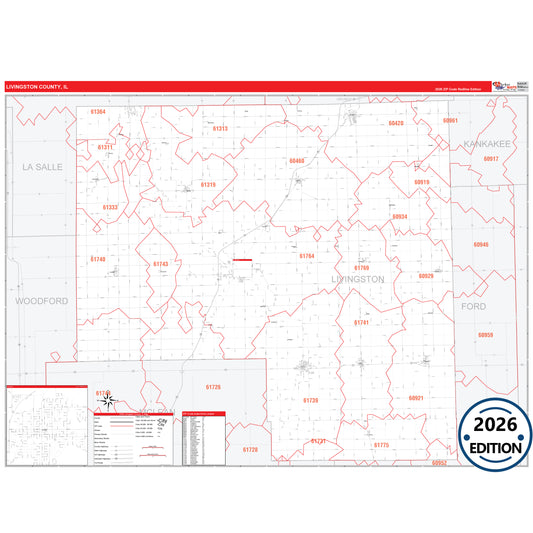 Livingston County, IL Red Line 5 Digit ZIP Code Wall Map