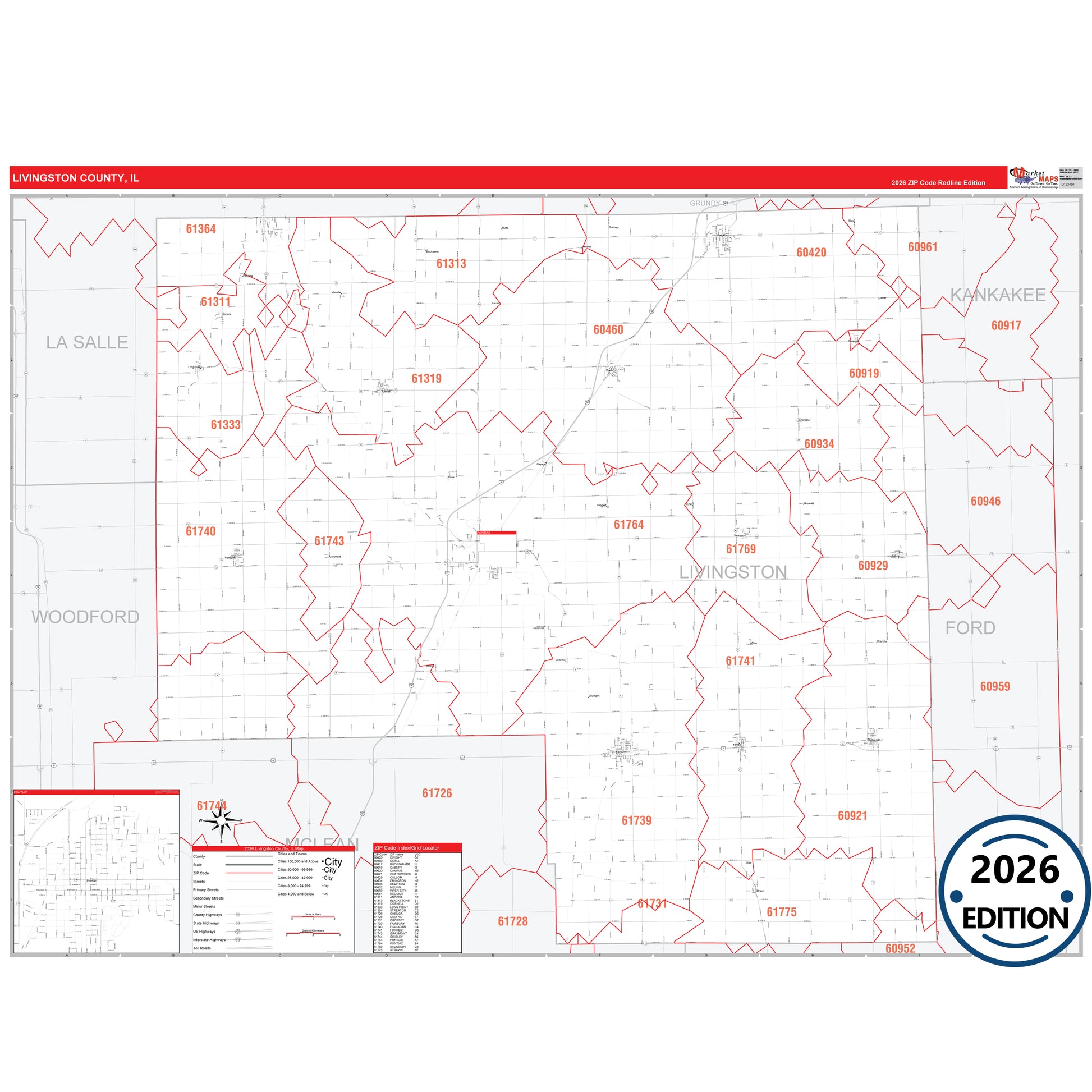 Livingston County, IL Red Line map with detailed roads, cities, and ZIP code boundaries.