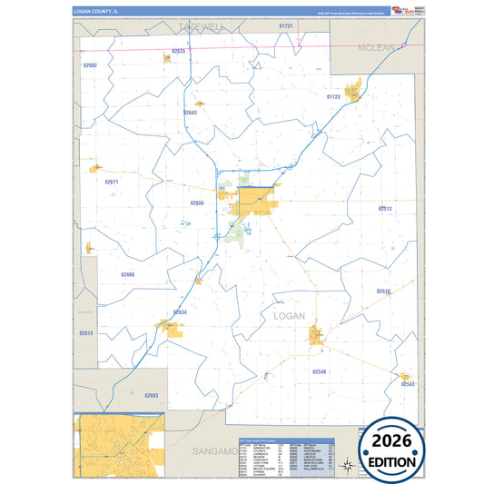Logan County, IL Business Reference 5 Digit ZIP Code Wall Map