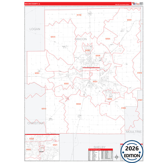Macon County, IL Red Line 5 Digit ZIP Code Wall Map