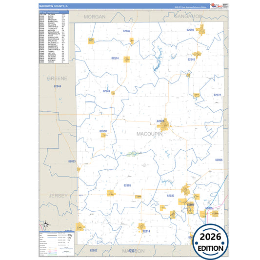 Macoupin County, IL Business Reference 5 Digit ZIP Code Wall Map