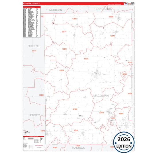 Macoupin County, IL Red Line 5 Digit ZIP Code Wall Map