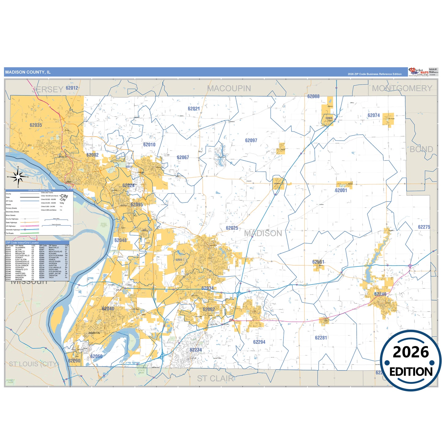 Madison County, IL Business Reference 5 Digit ZIP Code Wall Map