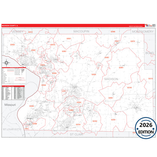 Madison County, IL Red Line 5 Digit ZIP Code Wall Map