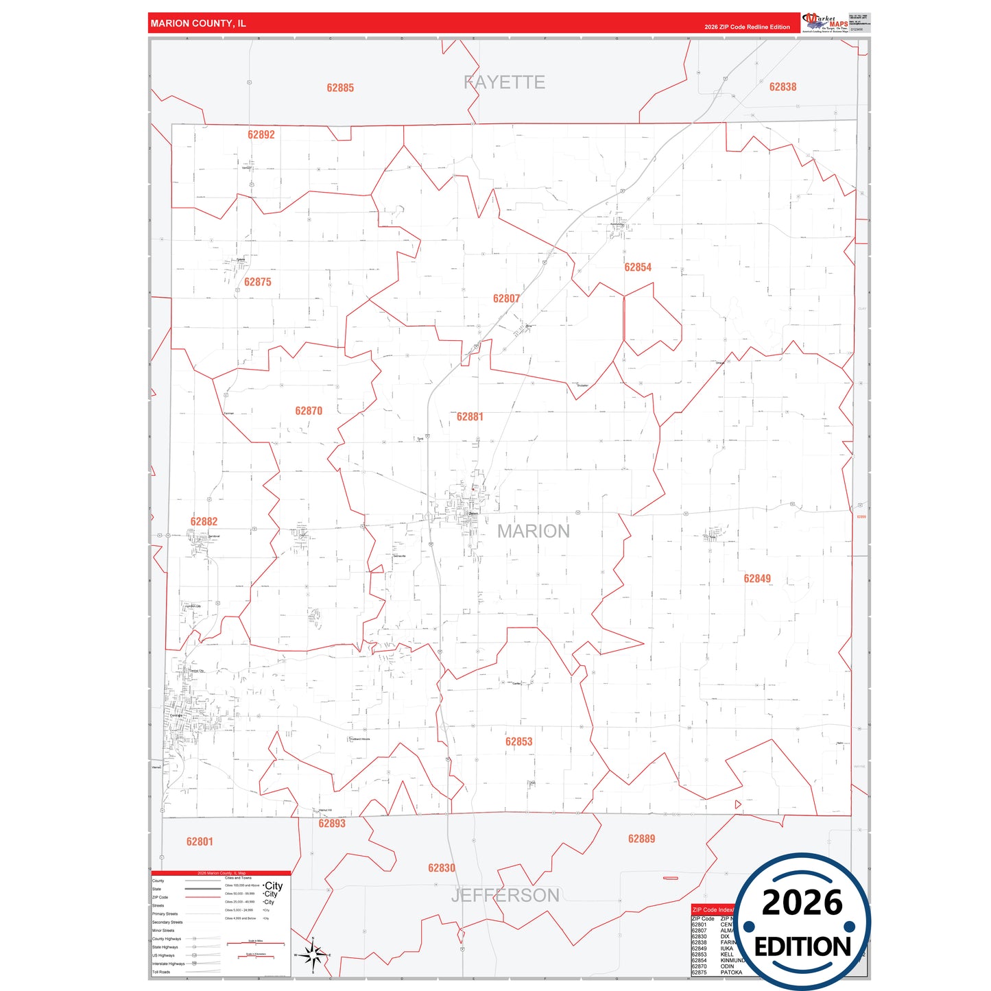 Marion County, IL Red Line 5 Digit ZIP Code Wall Map