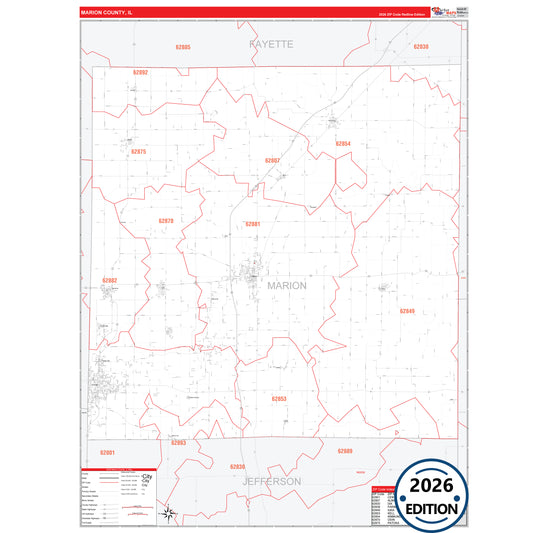 Marion County, IL Red Line 5 Digit ZIP Code Wall Map