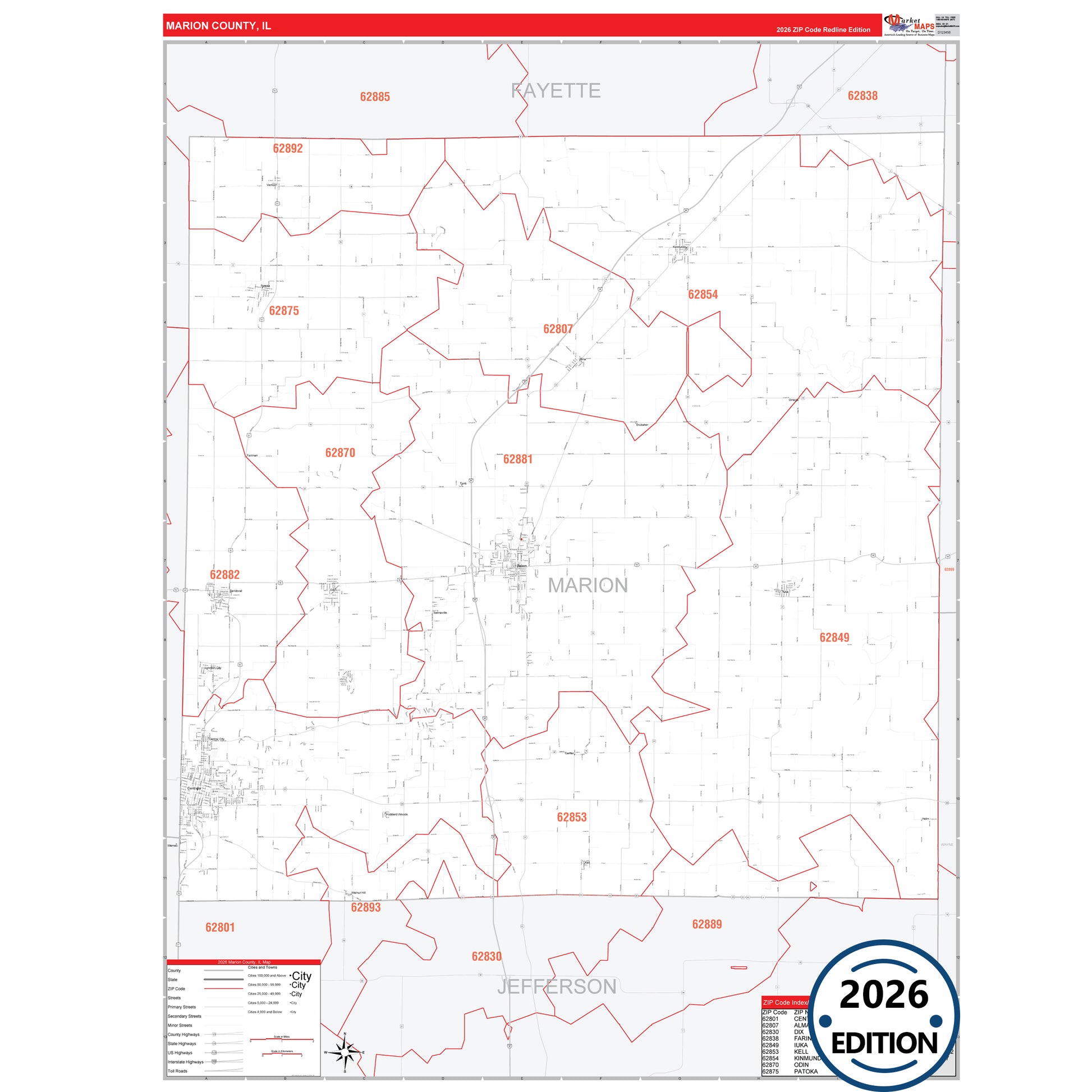 Marion County, IL Red Line map with detailed roads, cities, and ZIP code boundaries.