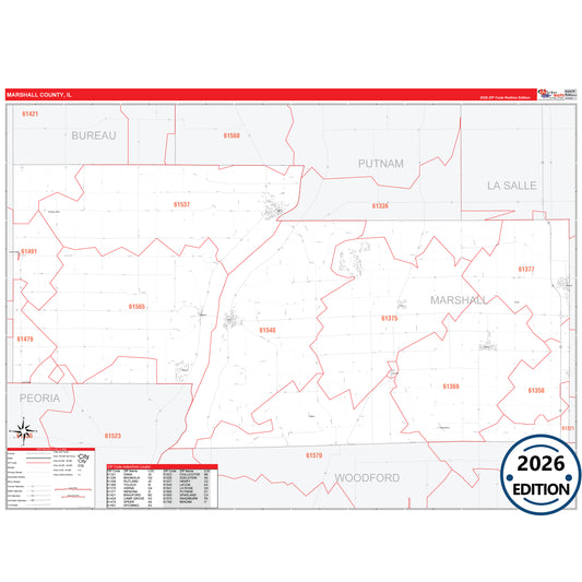 Marshall County, IL Red Line 5 Digit ZIP Code Wall Map