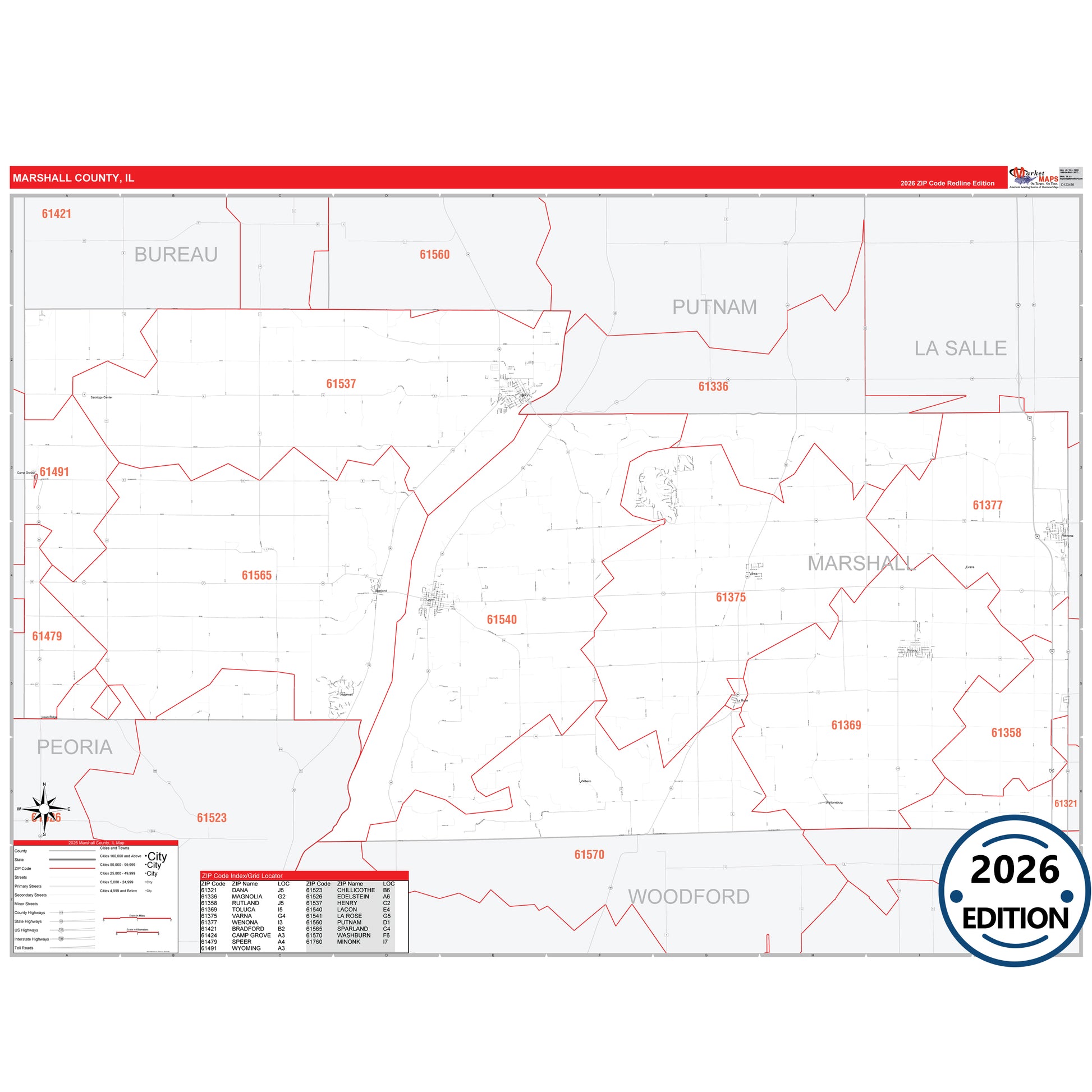 Marshall County, IL Red Line map with detailed roads, cities, and ZIP code boundaries.