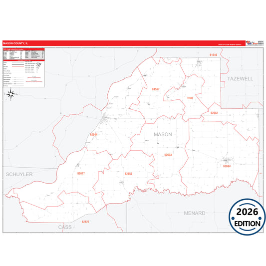 Mason County, IL Red Line 5 Digit ZIP Code Wall Map