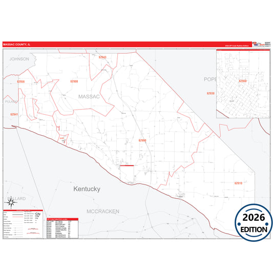 Massac County, IL Red Line 5 Digit ZIP Code Wall Map
