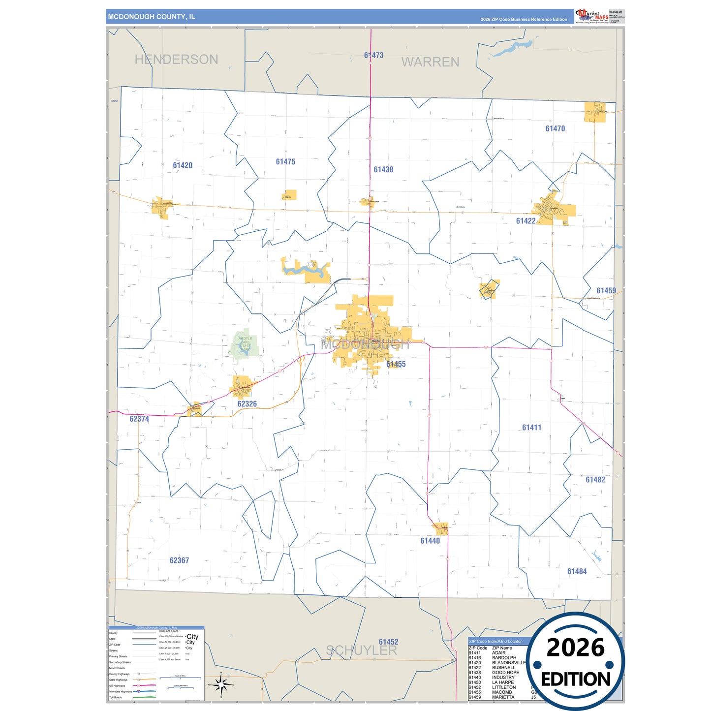 McDonough County, IL Business Reference 5 Digit ZIP Code Wall Map