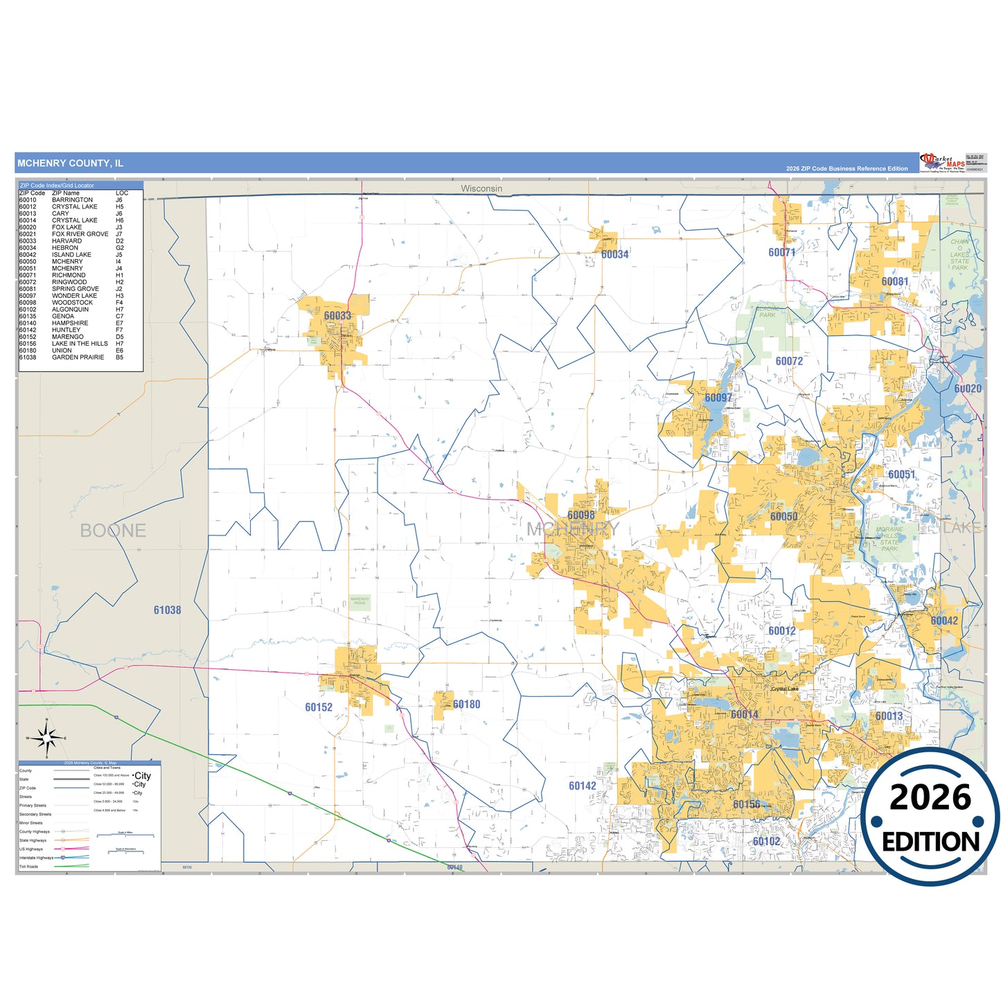 McHenry County, IL Business Reference 5 Digit ZIP Code Wall Map