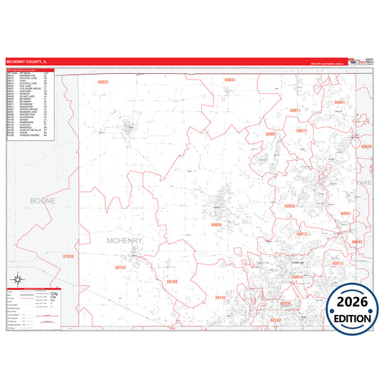 McHenry County, IL Red Line 5 Digit ZIP Code Wall Map