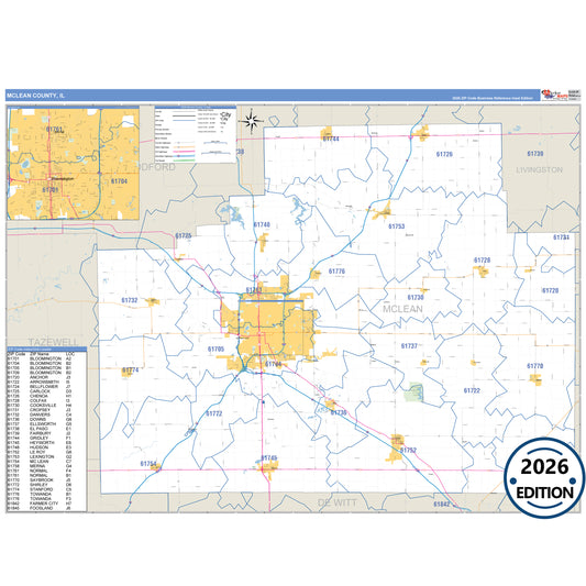 McLean County, IL Business Reference 5 Digit ZIP Code Wall Map