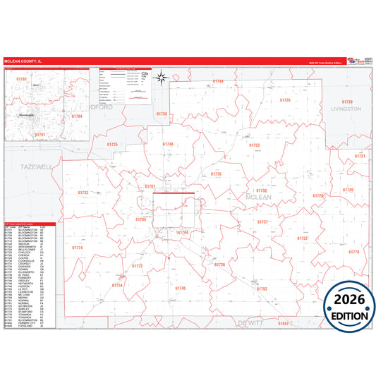 McLean County, IL Red Line 5 Digit ZIP Code Wall Map