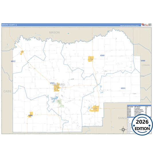 Menard County, IL Business Reference 5 Digit ZIP Code Wall Map