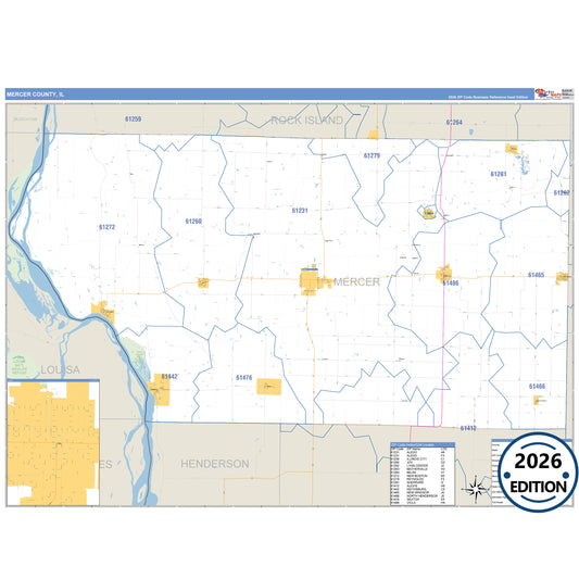 Mercer County, IL Business Reference 5 Digit ZIP Code Wall Map