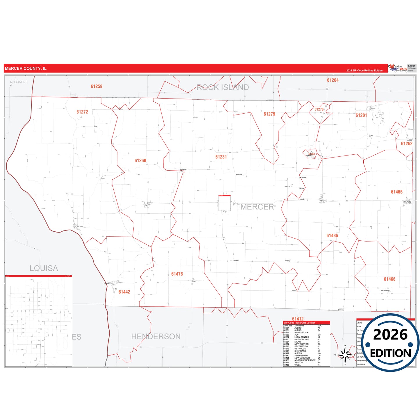 Mercer County, IL Red Line 5 Digit ZIP Code Wall Map