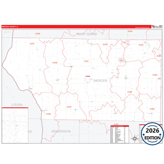 Mercer County, IL Red Line 5 Digit ZIP Code Wall Map