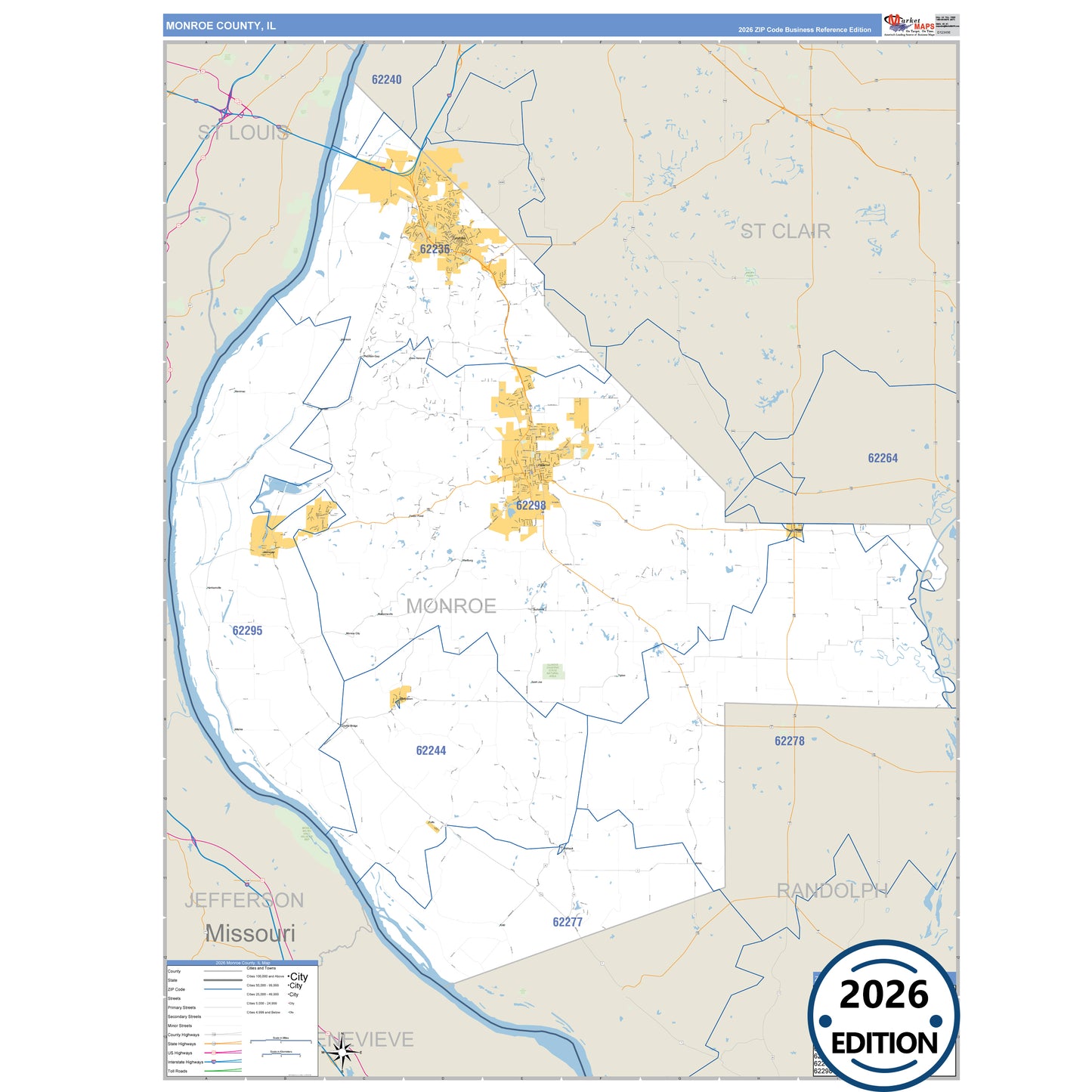 Monroe County, IL Business Reference 5 Digit ZIP Code Wall Map