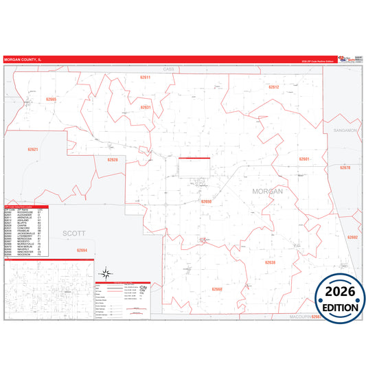 Morgan County, IL Red Line 5 Digit ZIP Code Wall Map