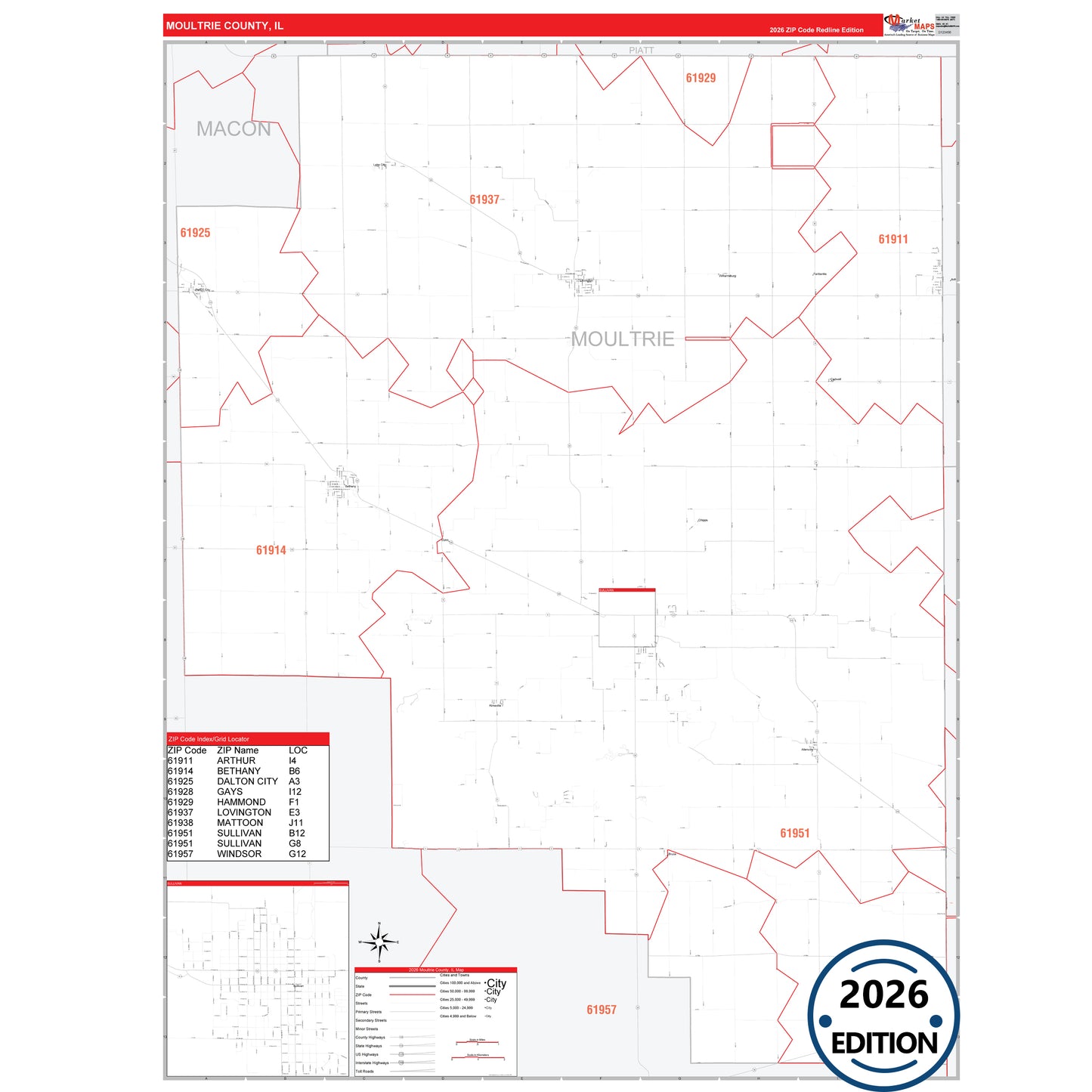 Moultrie County, IL Red Line 5 Digit ZIP Code Wall Map