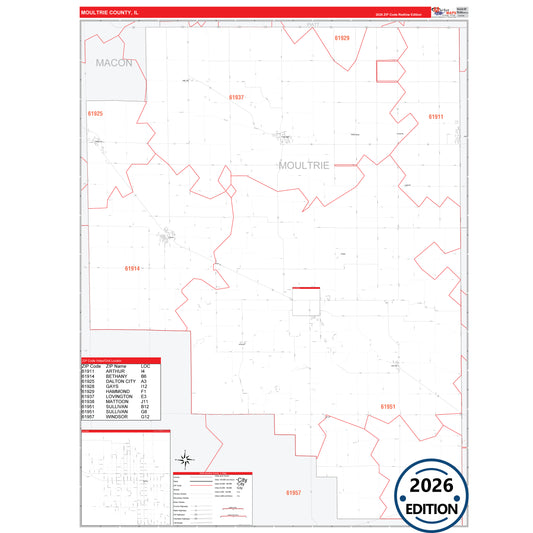 Moultrie County, IL Red Line 5 Digit ZIP Code Wall Map