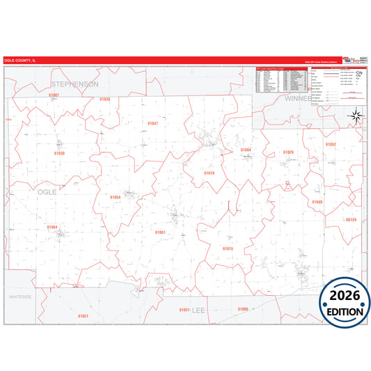 Ogle County, IL Red Line 5 Digit ZIP Code Wall Map