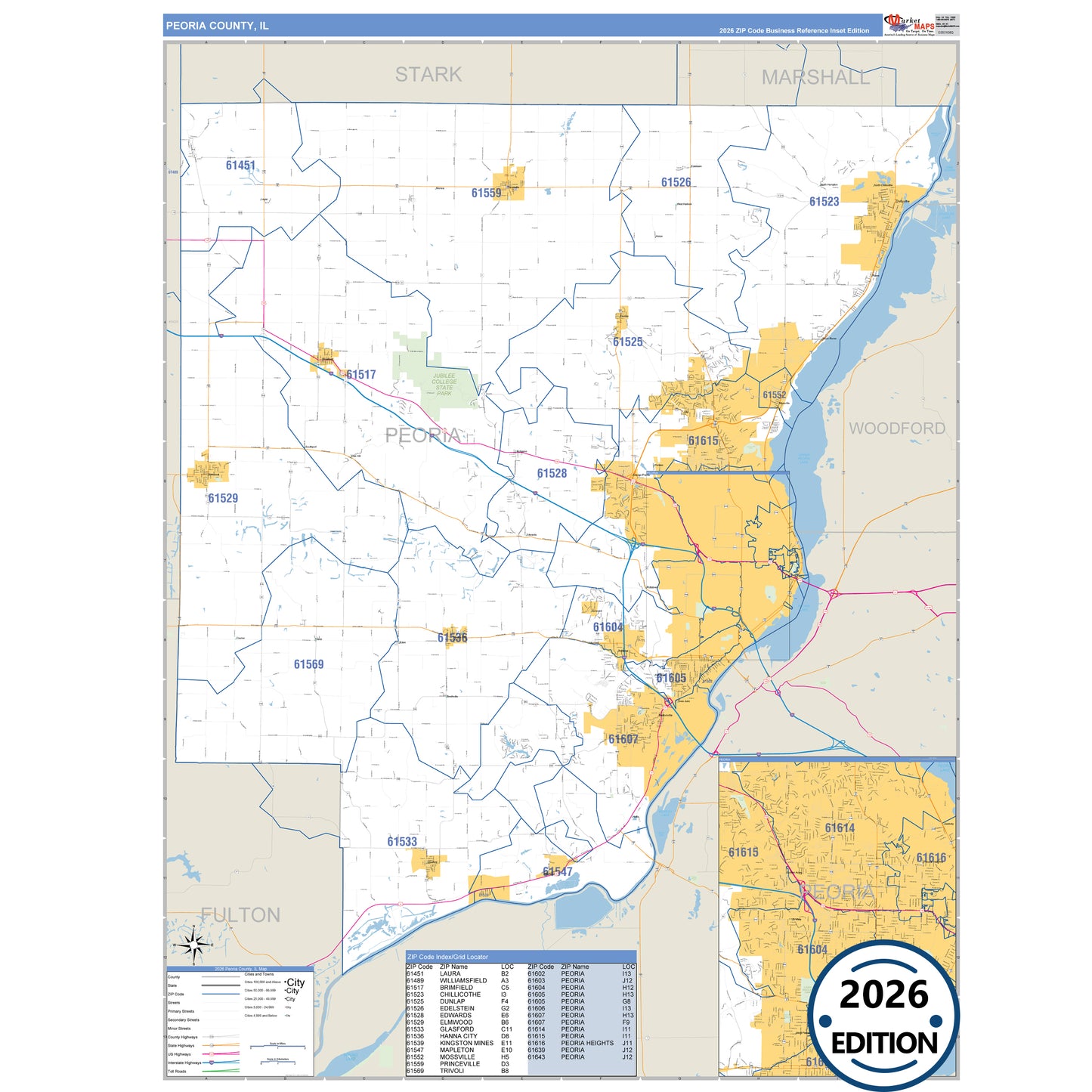 Peoria County, IL Business Reference 5 Digit ZIP Code Wall Map