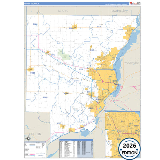 Peoria County, IL Business Reference 5 Digit ZIP Code Wall Map