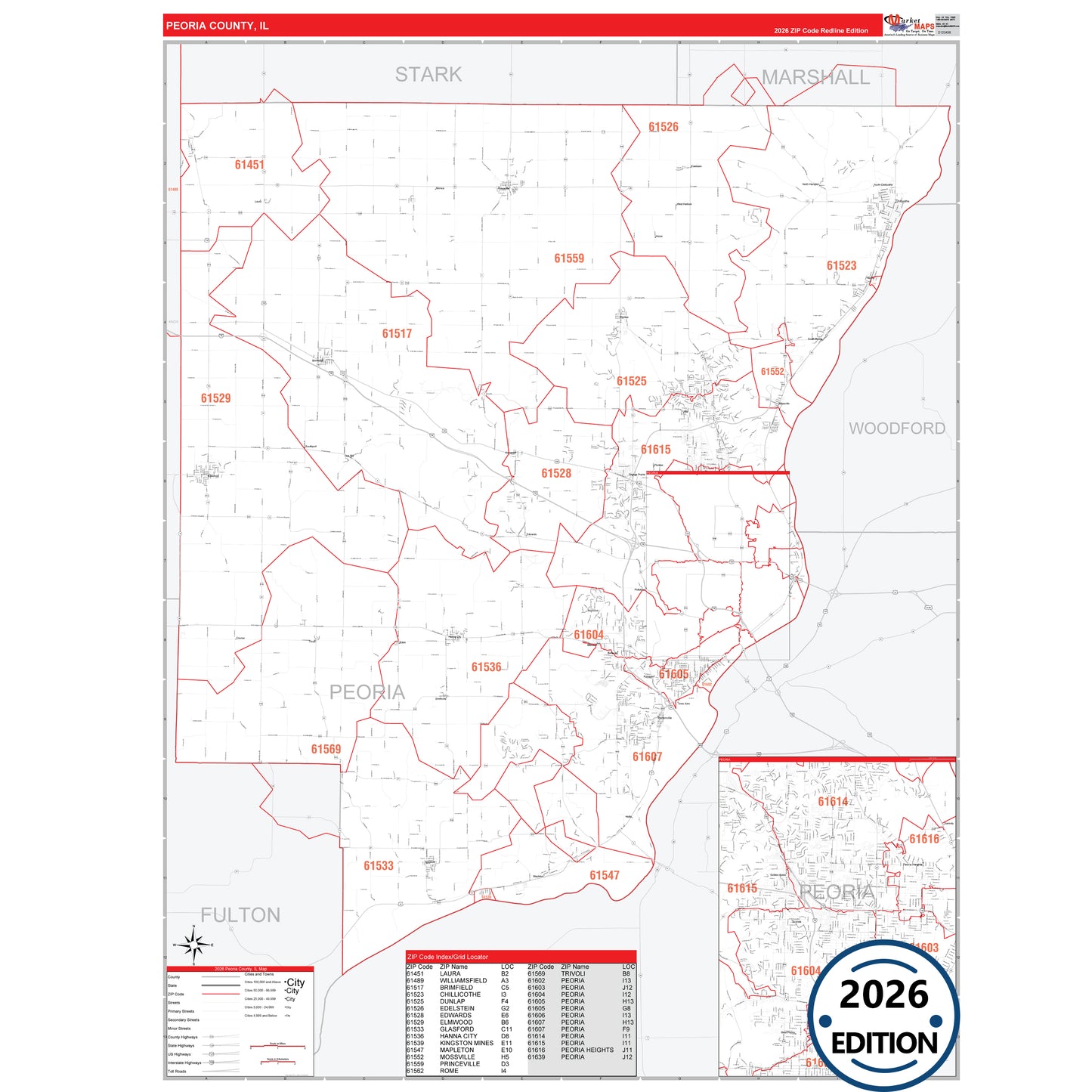 Peoria County, IL Red Line 5 Digit ZIP Code Wall Map