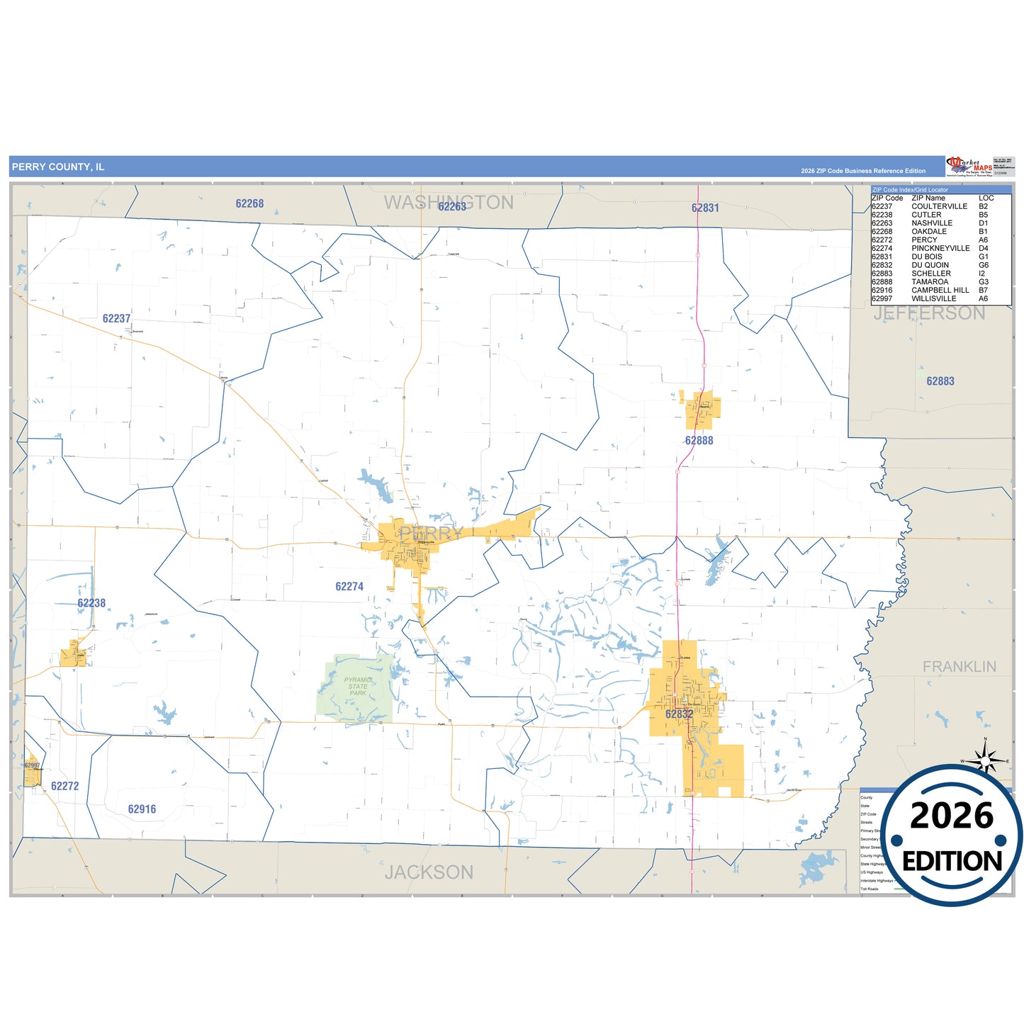 Perry County, IL Business Reference 5 Digit ZIP Code Wall Map