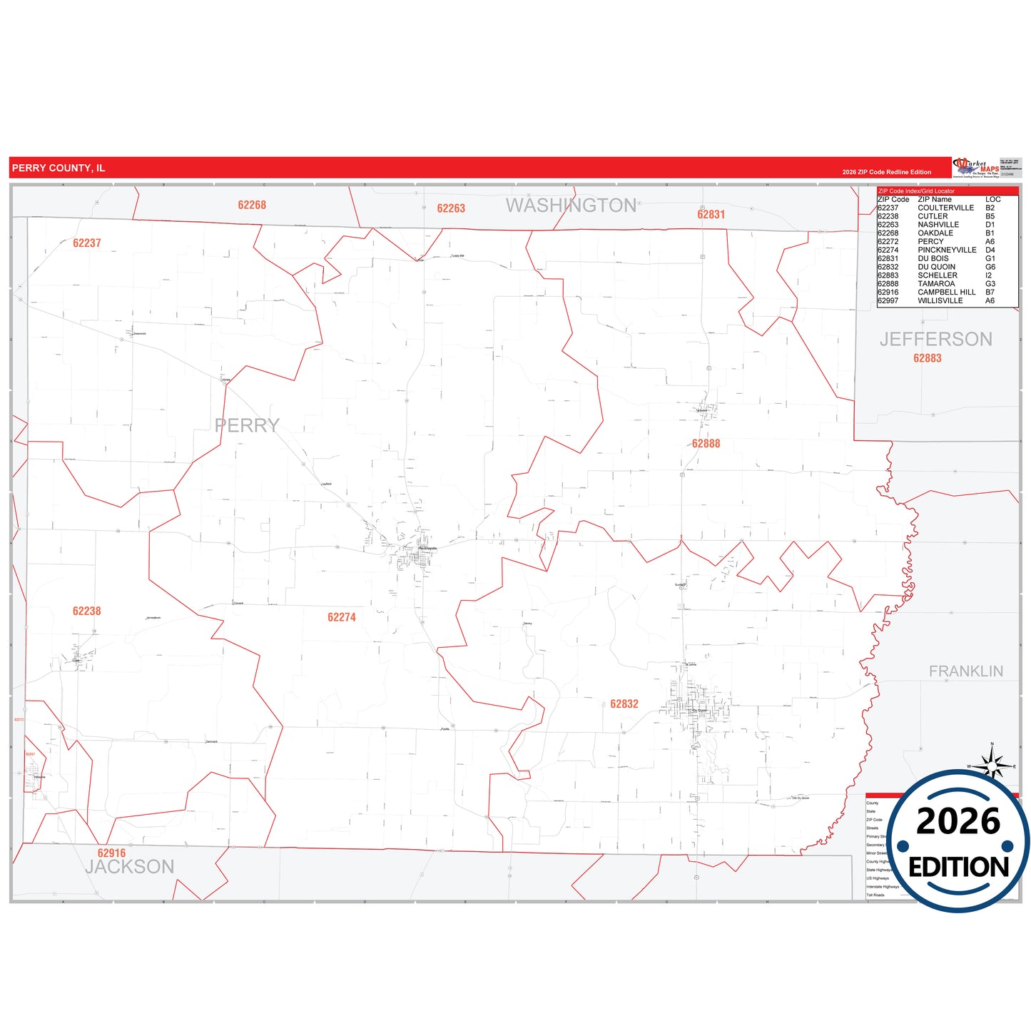 Perry County, IL Red Line 5 Digit ZIP Code Wall Map