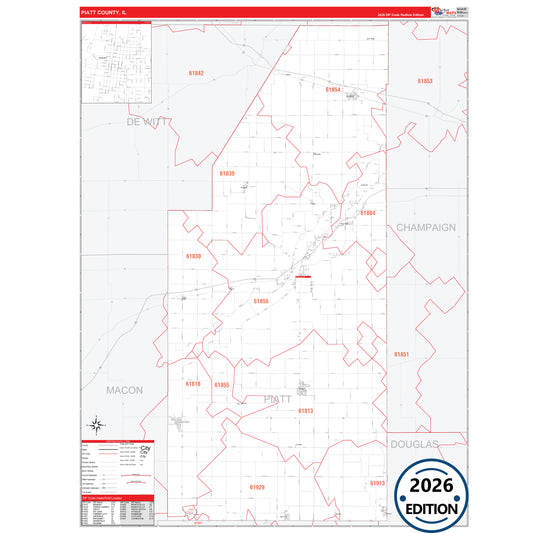 Piatt County, IL Red Line 5 Digit ZIP Code Wall Map