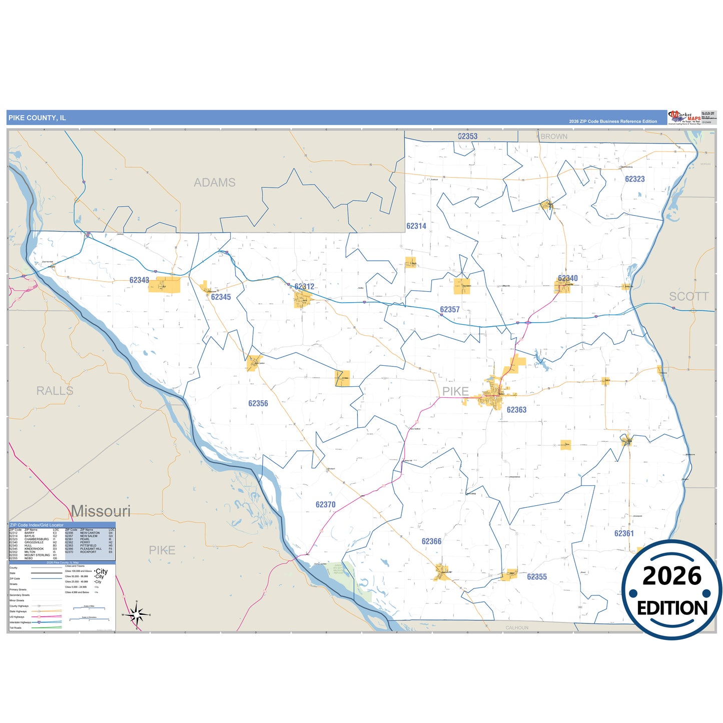 Pike County, IL Business Reference 5 Digit ZIP Code Wall Map