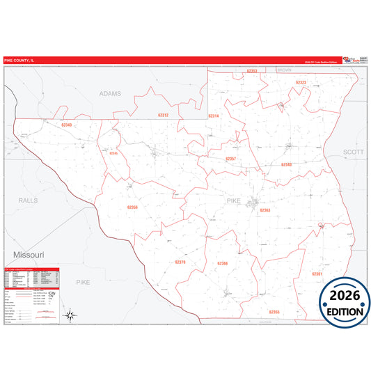 Pike County, IL Red Line 5 Digit ZIP Code Wall Map
