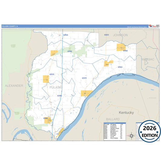 Pulaski County, IL Business Reference 5 Digit ZIP Code Wall Map