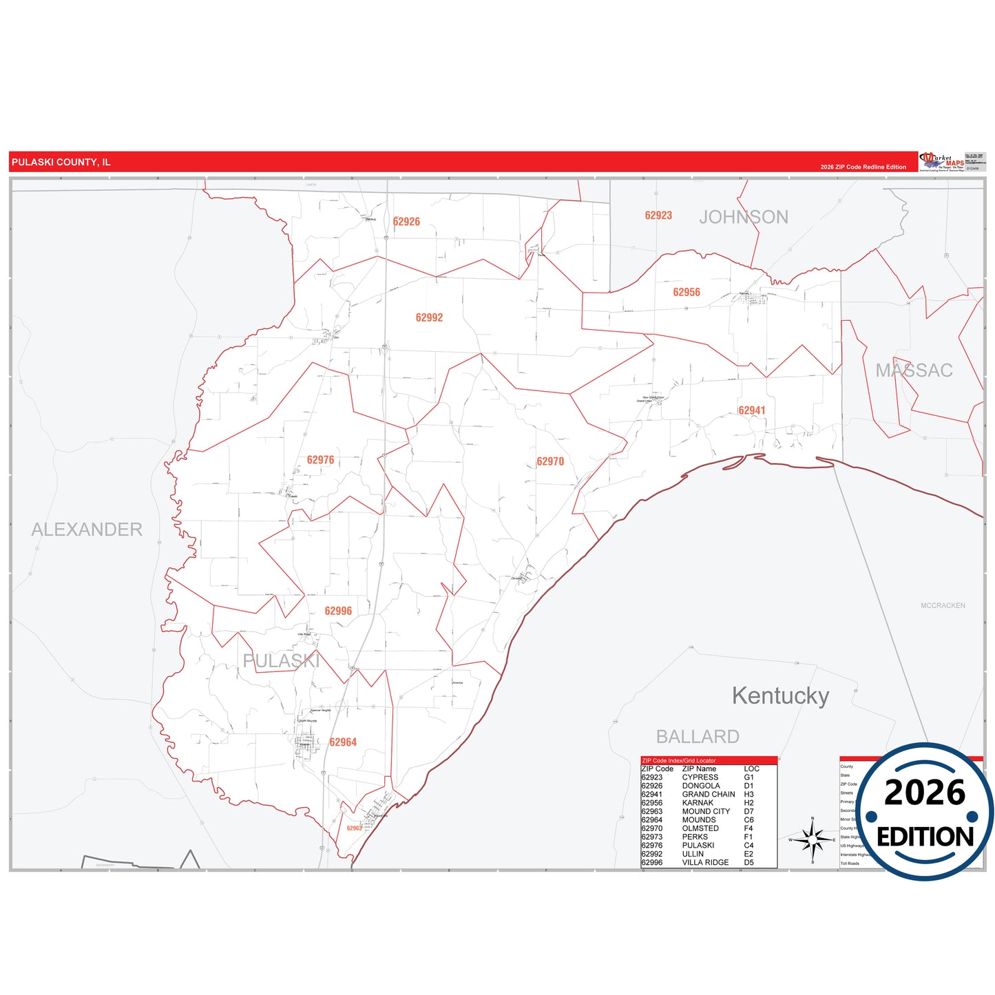 Pulaski County, IL Red Line 5 Digit ZIP Code Wall Map