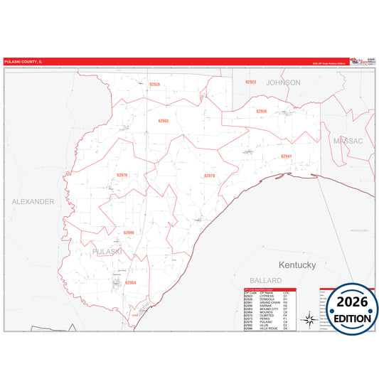 Pulaski County, IL Red Line 5 Digit ZIP Code Wall Map