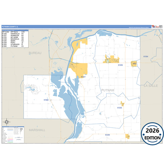 Putnam County, IL Business Reference 5 Digit ZIP Code Wall Map