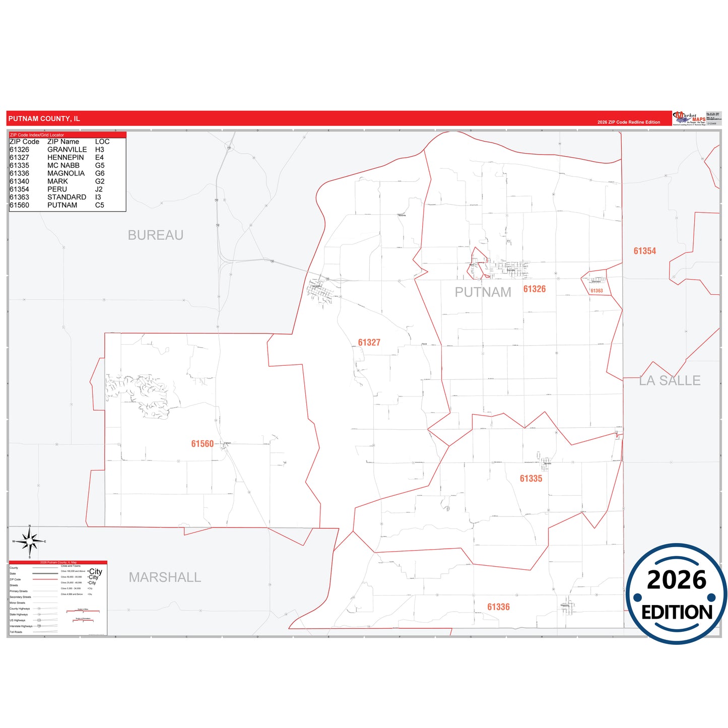 Putnam County, IL Red Line 5 Digit ZIP Code Wall Map