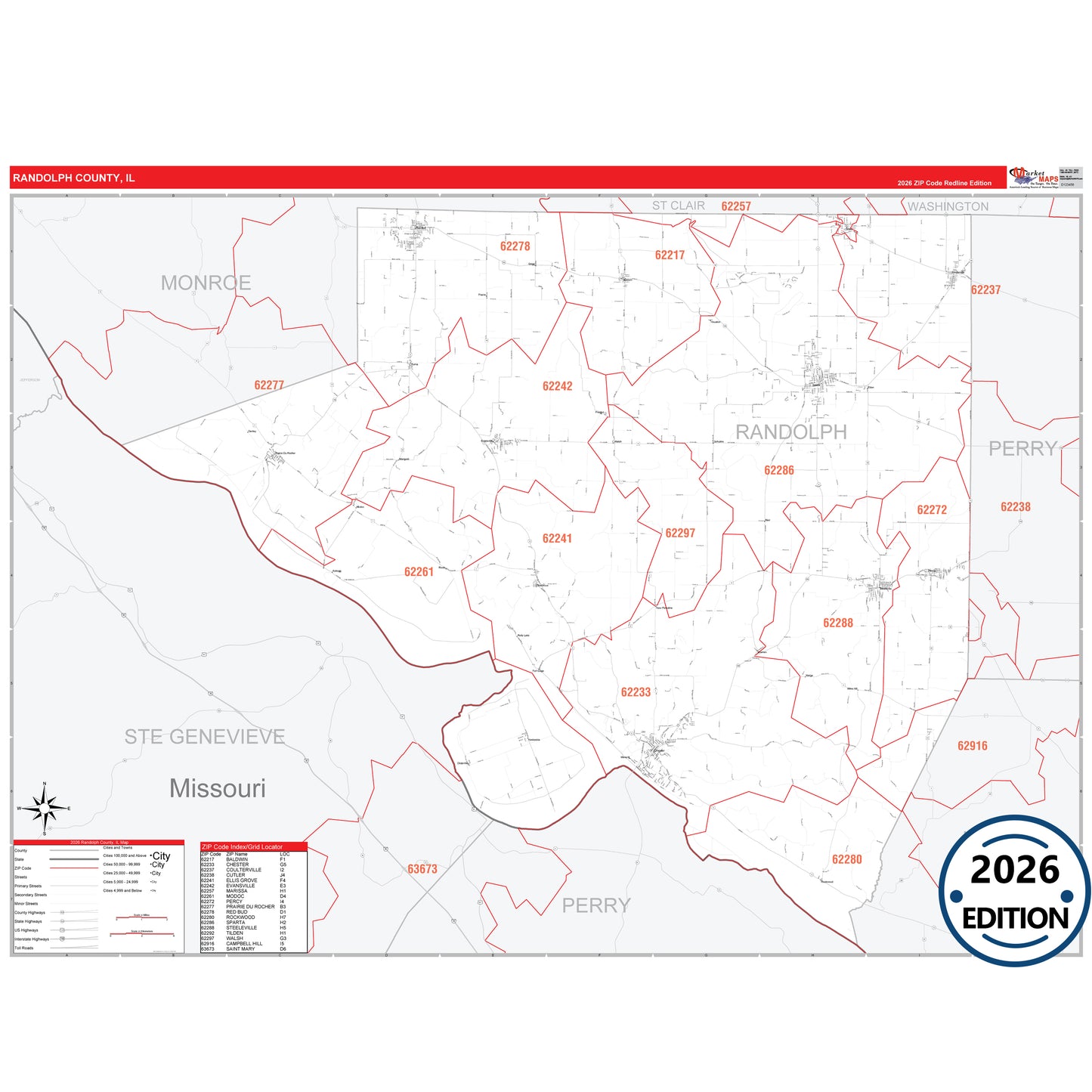 Randolph County, IL Red Line 5 Digit ZIP Code Wall Map