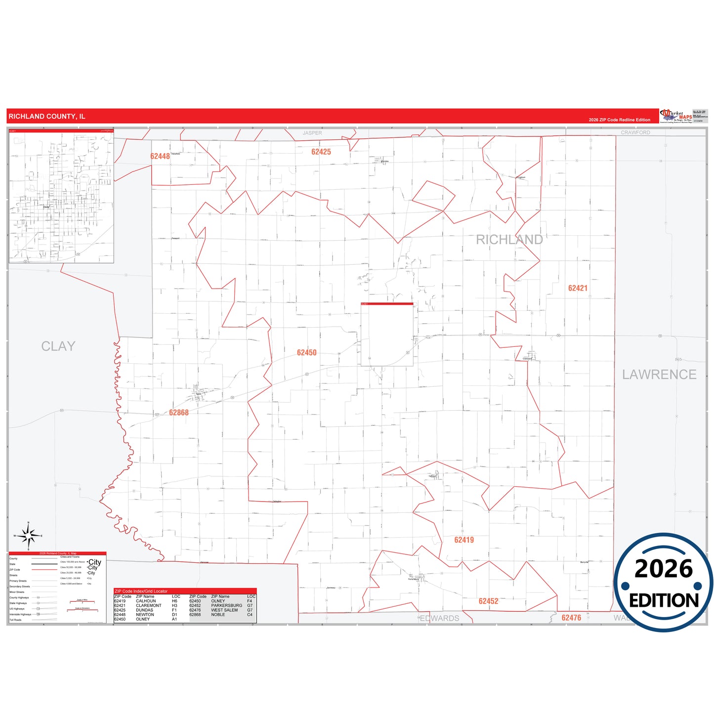Richland County, IL Red Line 5 Digit ZIP Code Wall Map
