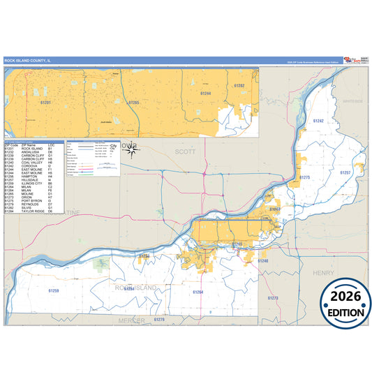 Rock Island County, IL Business Reference 5 Digit ZIP Code Wall Map