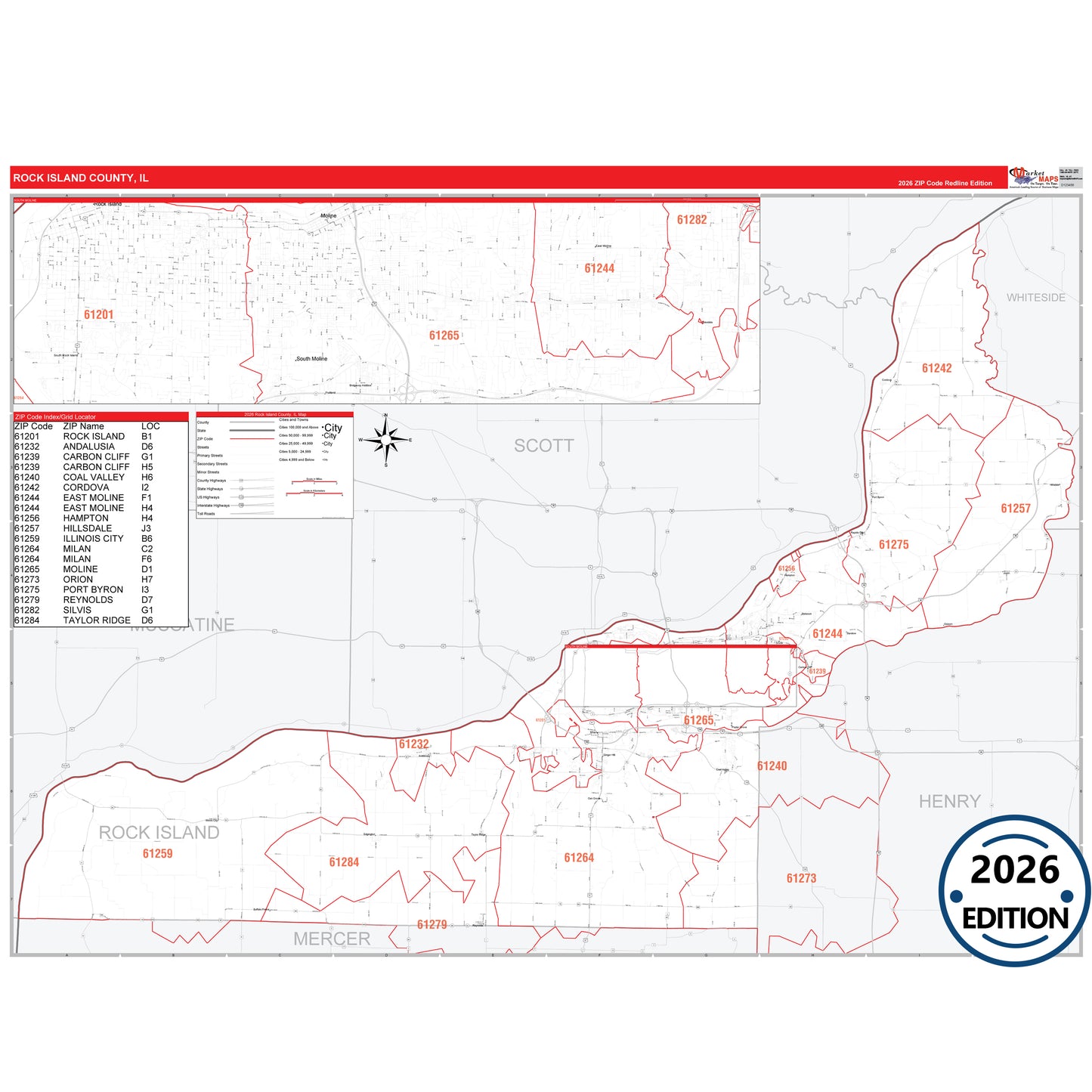 Rock Island County, IL Red Line 5 Digit ZIP Code Wall Map