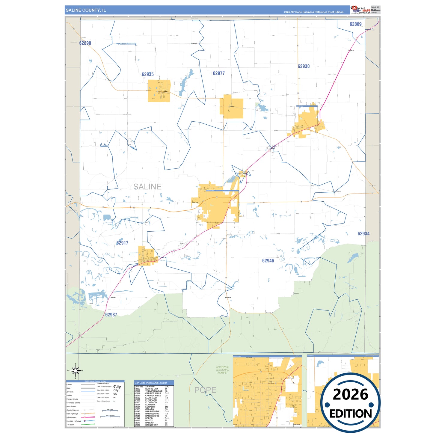 Saline County, IL Business Reference 5 Digit ZIP Code Wall Map