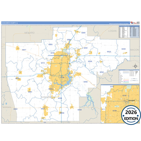 Sangamon County, IL Business Reference 5 Digit ZIP Code Wall Map