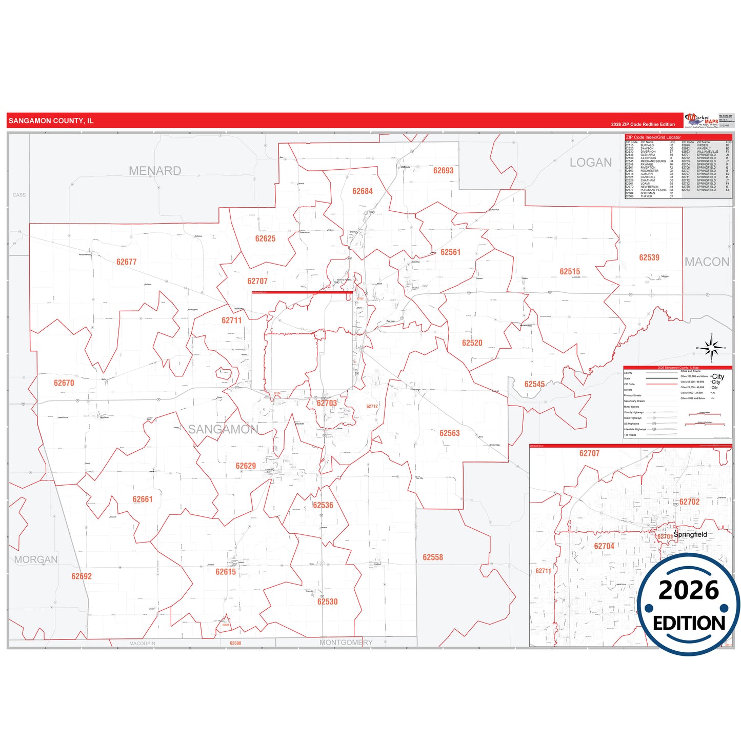 Sangamon County, IL Red Line 5 Digit ZIP Code Wall Map